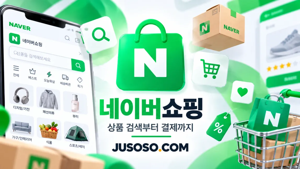 초록 쇼핑백 모양 N 아이콘과 상품 분류 화면이 뜬 휴대폰, 장바구니를 담은 네이버쇼핑 안내 이미지