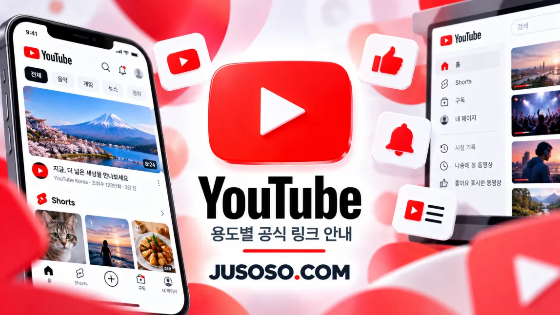 YouTube 로고와 재생 버튼, 유튜브 화면이 뜬 휴대폰과 PC를 담은 유튜브 공식 링크 안내 이미지
