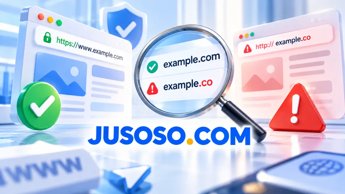돋보기로 example.com 과 example.co 를 비교하는 공식주소와 유사주소 구별법 이미지