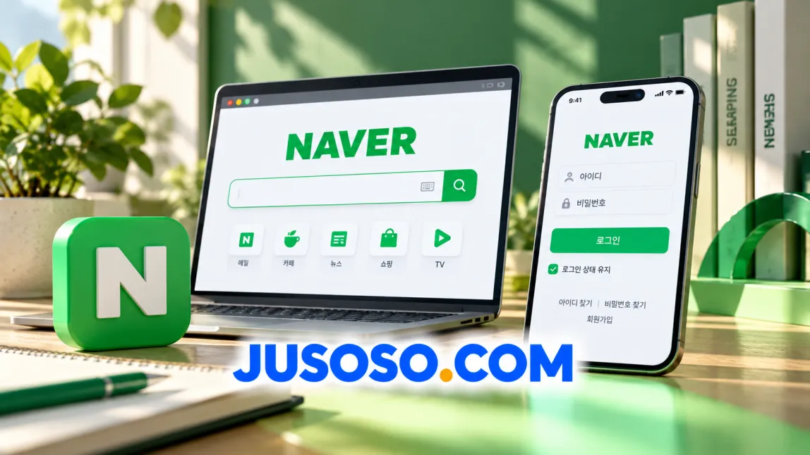 NAVER 검색 화면이 뜬 노트북과 네이버 로그인 화면이 뜬 휴대폰을 담은 네이버 공식주소 찾기 이미지