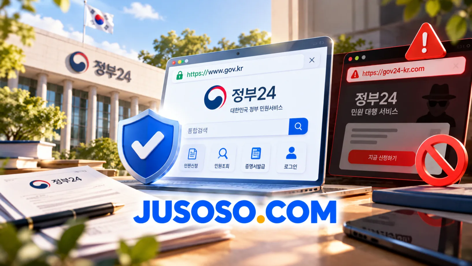 정부24 화면과 경고 표시가 붙은 가짜 민원 대행 화면을 나란히 담은 정부24 공식사이트 확인 이미지