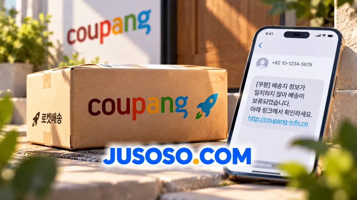 coupang 택배 상자 옆 휴대폰에 배송 보류를 알리는 가짜 쿠팡 문자가 뜬 쿠팡 공식주소 확인 이미지