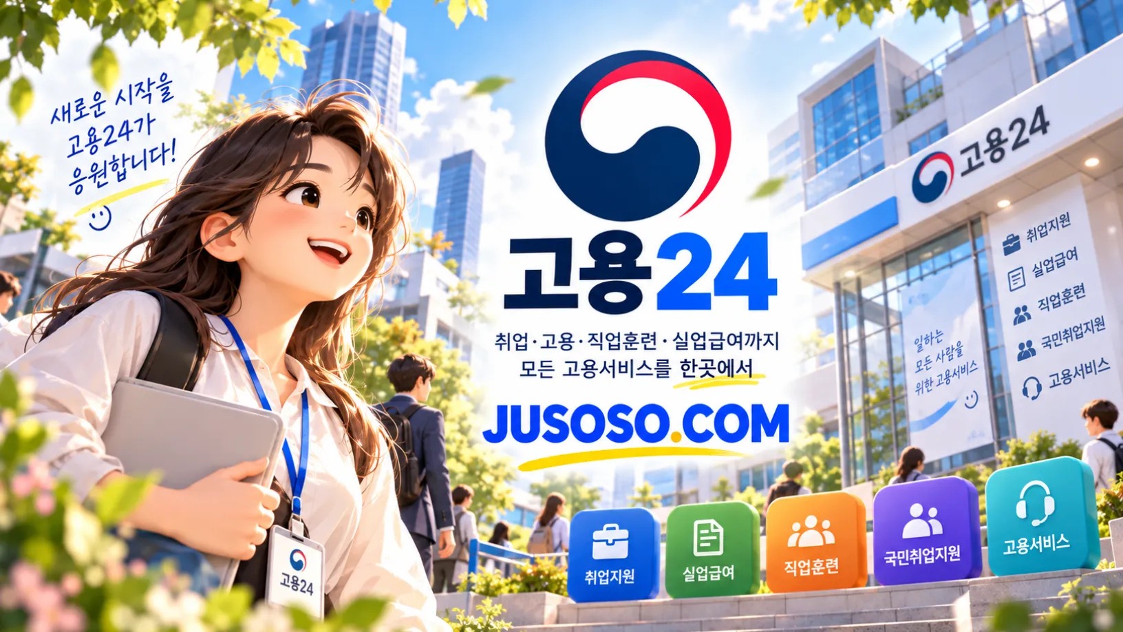 고용24 로고와 취업지원·실업급여·직업훈련 메뉴 버튼을 담은 고용24 서비스 안내 이미지