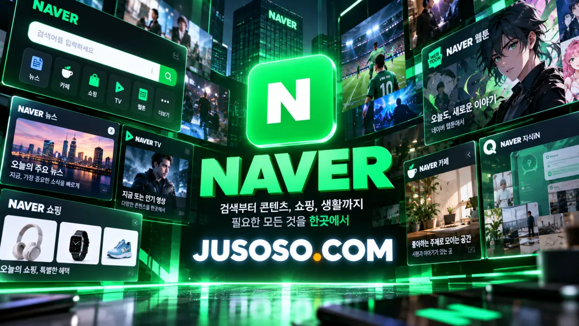 초록색 NAVER 로고 둘레로 뉴스·쇼핑·웹툰·카페 화면이 펼쳐진 네이버 접속방법 안내 이미지