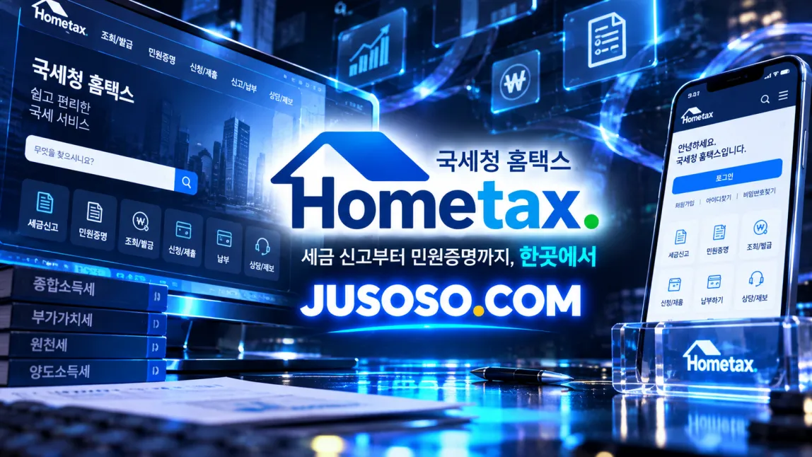 국세청 Hometax 로고와 세금신고·민원증명 메뉴가 뜬 모니터와 휴대폰을 담은 홈택스 주소 안내 이미지