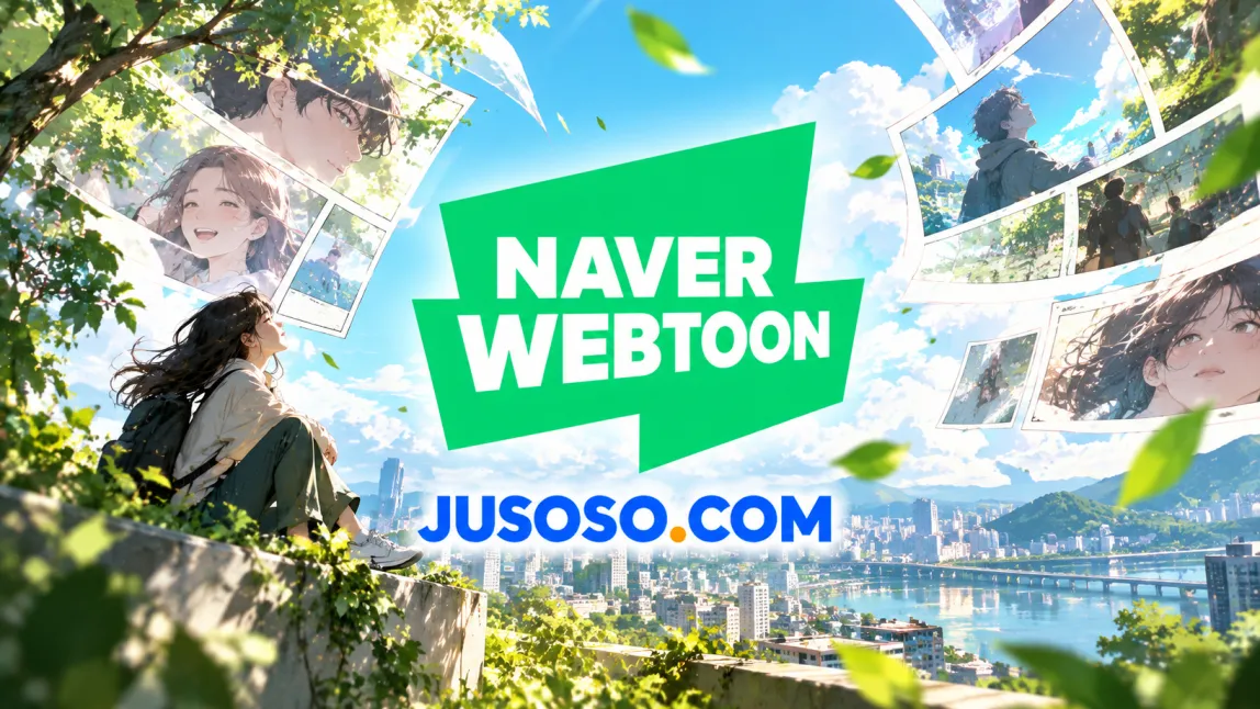 NAVER WEBTOON 로고 둘레로 웹툰 인물과 도시 풍경이 펼쳐진 네이버웹툰 주소 안내 이미지