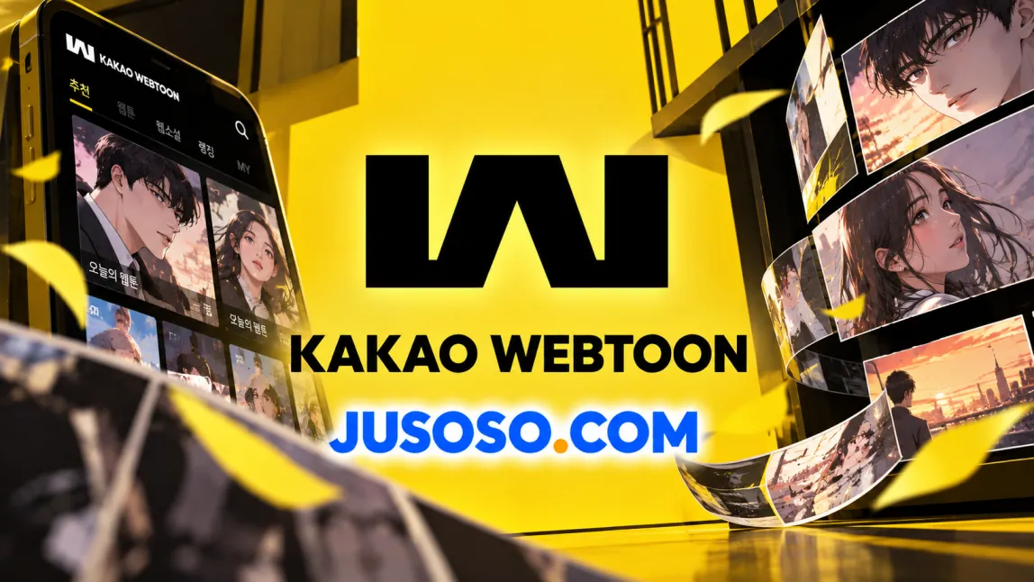 노란 바탕의 KAKAO WEBTOON 로고와 앱 화면, 웹툰 장면을 담은 카카오웹툰 주소 안내 이미지